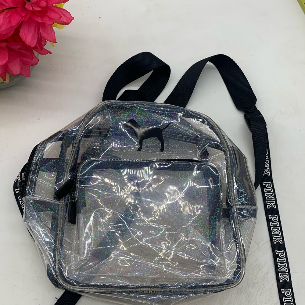 Pink by Vitoria's Secret Clear Backpack for events Concerts Black Straps MCB5555